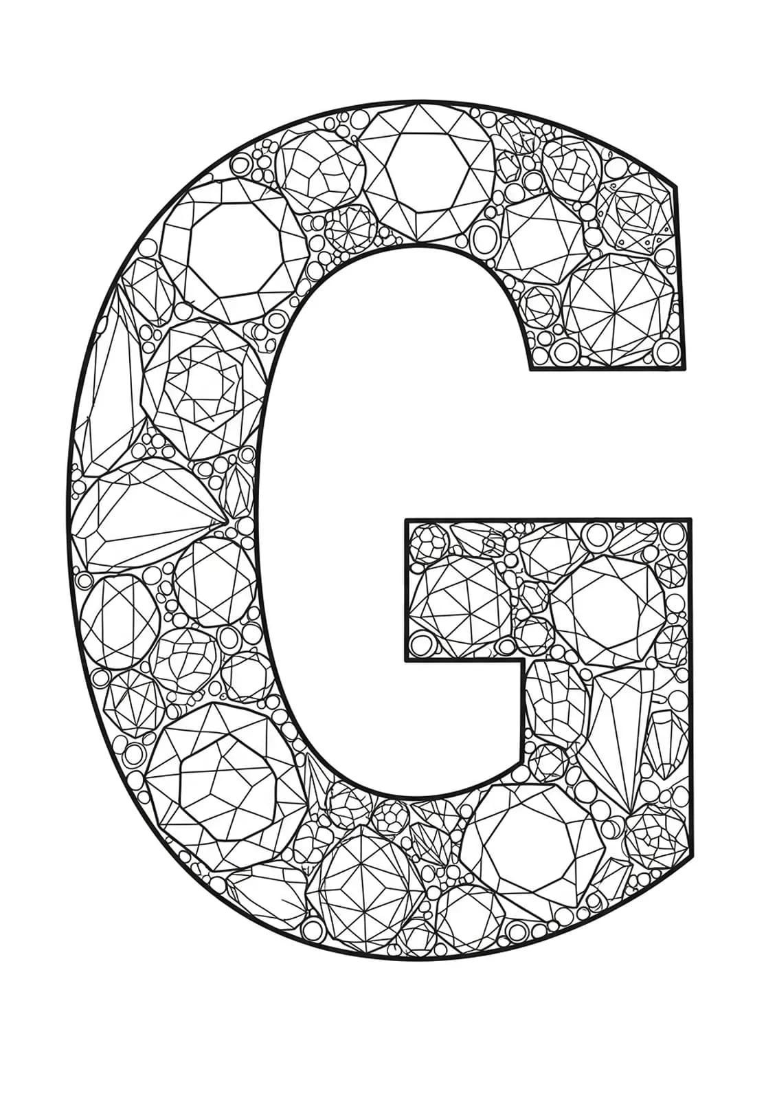 Letter G constructed from a mosaic of detailed gemstone shapes with intricate facets for adults.