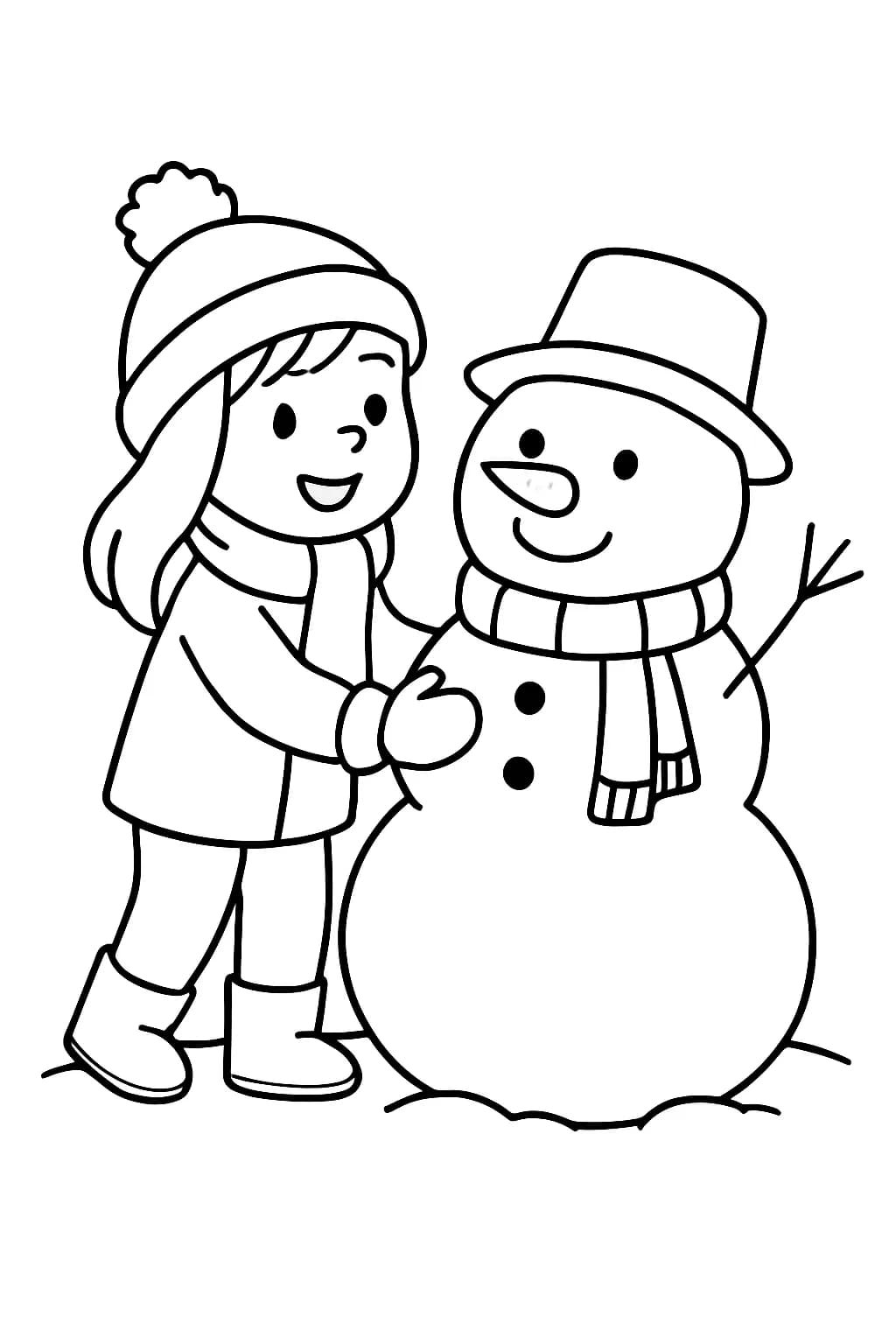 A simple line art of a girl putting a scarf on a snowman with snow falling around.