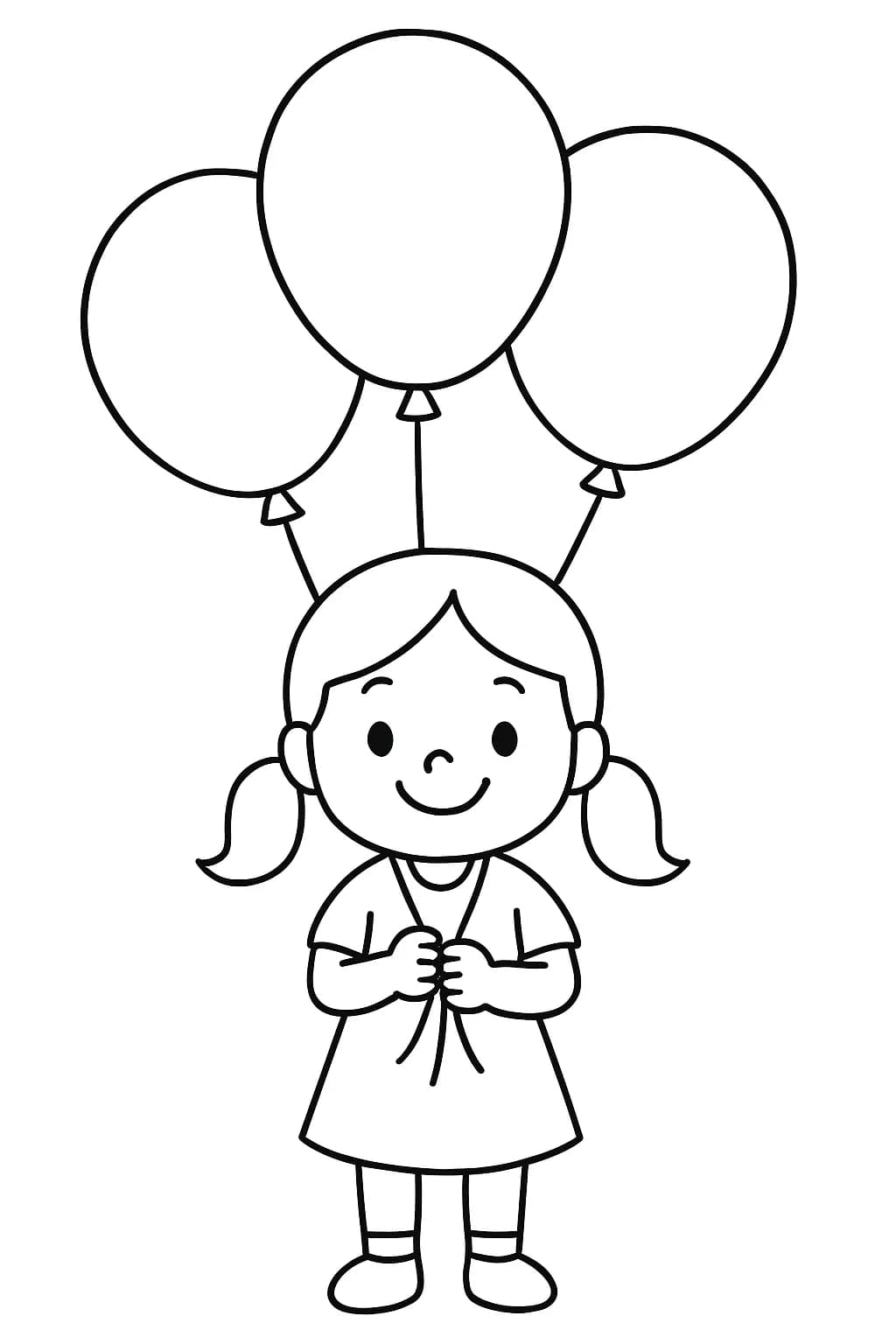 Easy coloring page of a smiling girl holding balloons at a birthday party, with large areas to color.