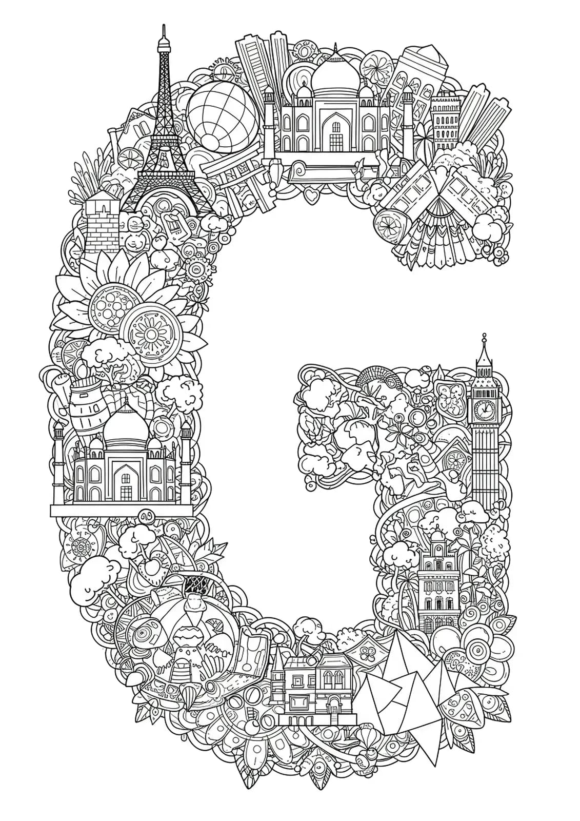 Intricate letter G with small, detailed illustrations of famous world landmarks for hard adult coloring.