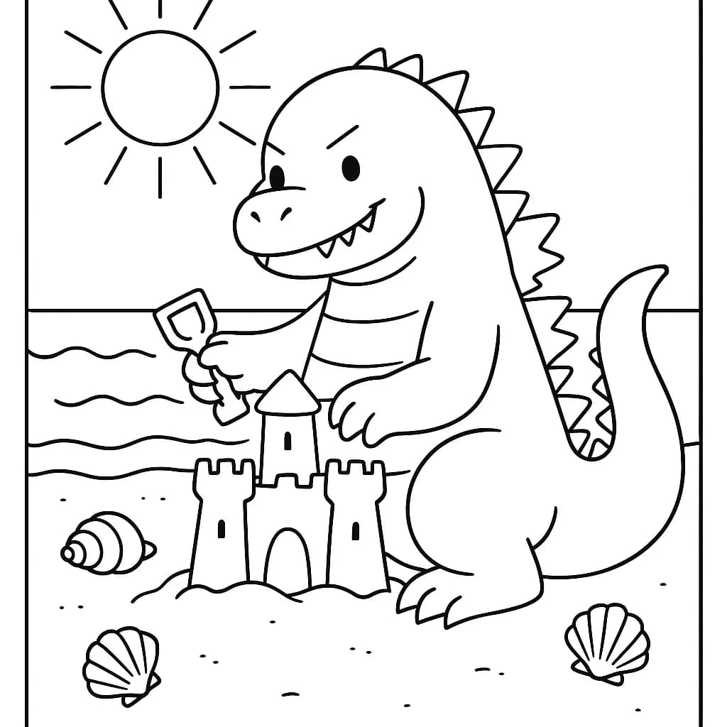 Preschool beach scene with Godzilla, sandcastle, sun, and seashells, easy outlines.