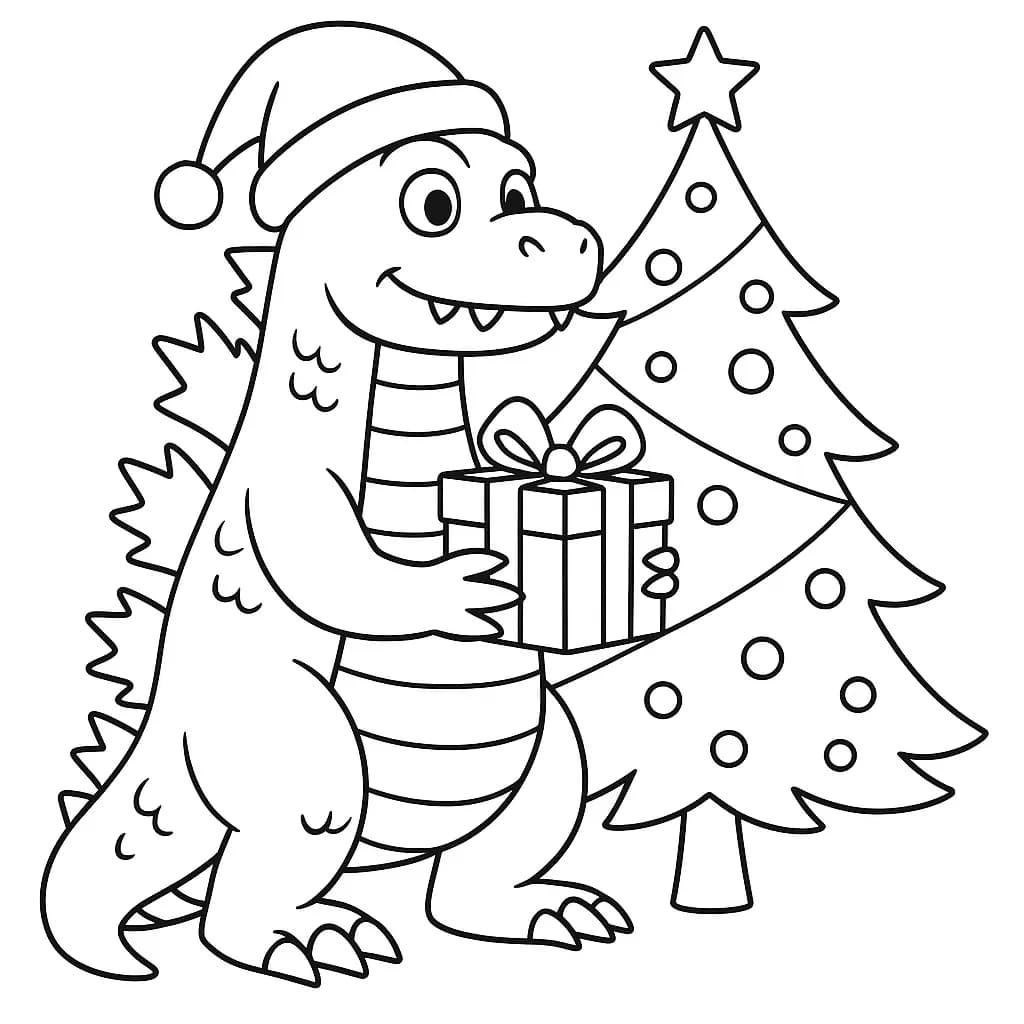 Godzilla with a Santa hat holding a present next to a decorated Christmas tree, easy coloring page for kids.