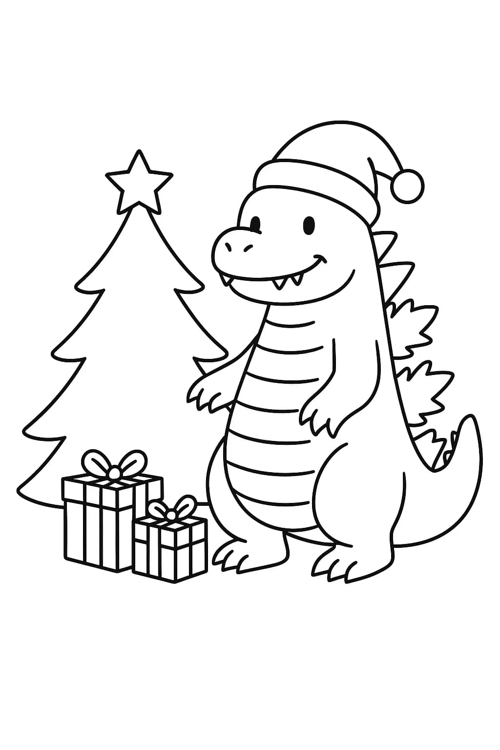 Easy Christmas coloring page with Godzilla in a Santa hat, Christmas tree, and presents.