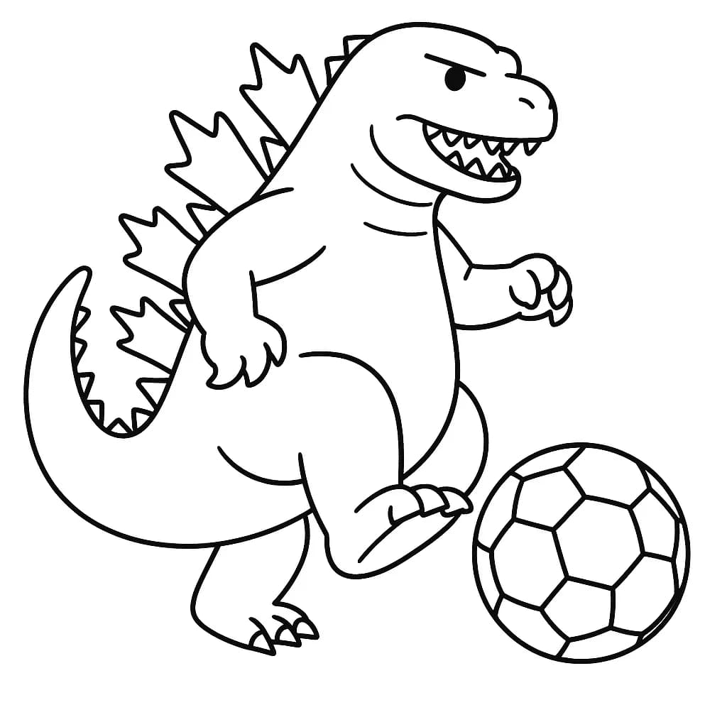 Godzilla playing soccer, kicking a large soccer ball, simple design for preschoolers.