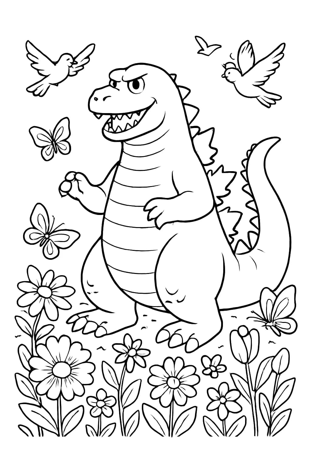 Godzilla in a flower garden with butterflies and birds, easy spring coloring page for kids.