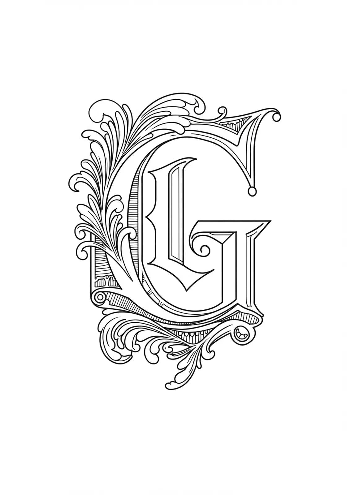 Ornate Gothic script letter G with elaborate flourishes and filigree for hard adult coloring.