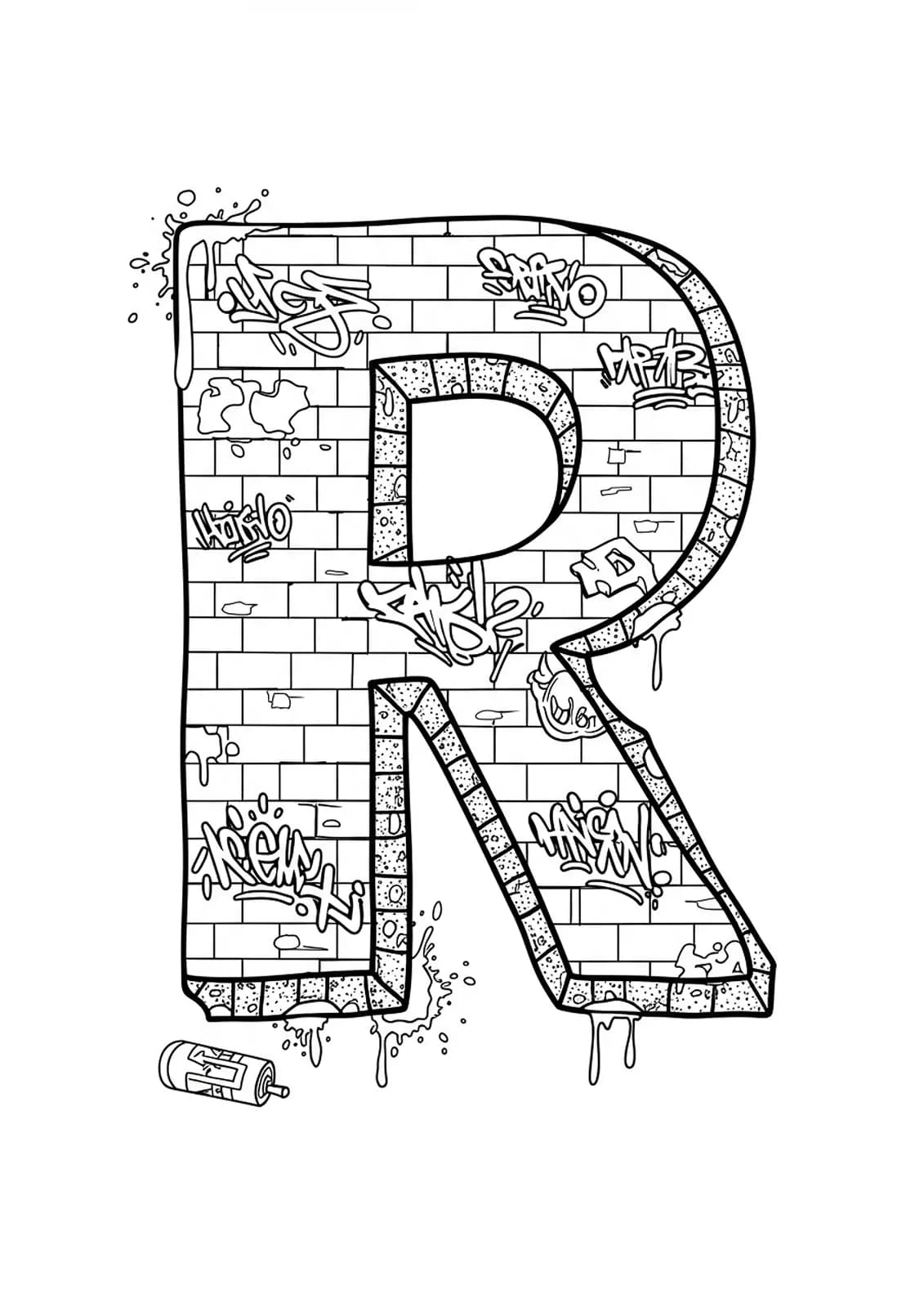 Letter R styled as graffiti with brick walls, tags, and spray paint effects for a complex teen coloring page.