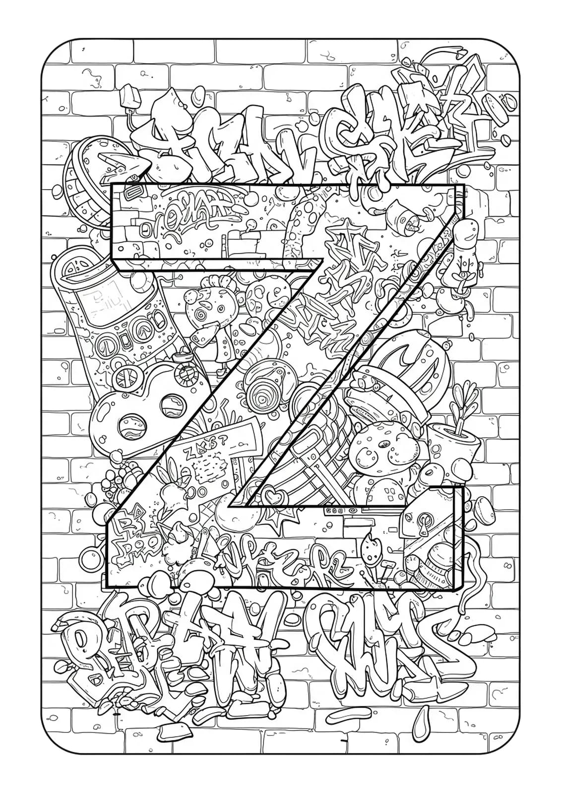 Letter Z with graffiti tags, brick backgrounds, and urban doodles, hard coloring page for teens.