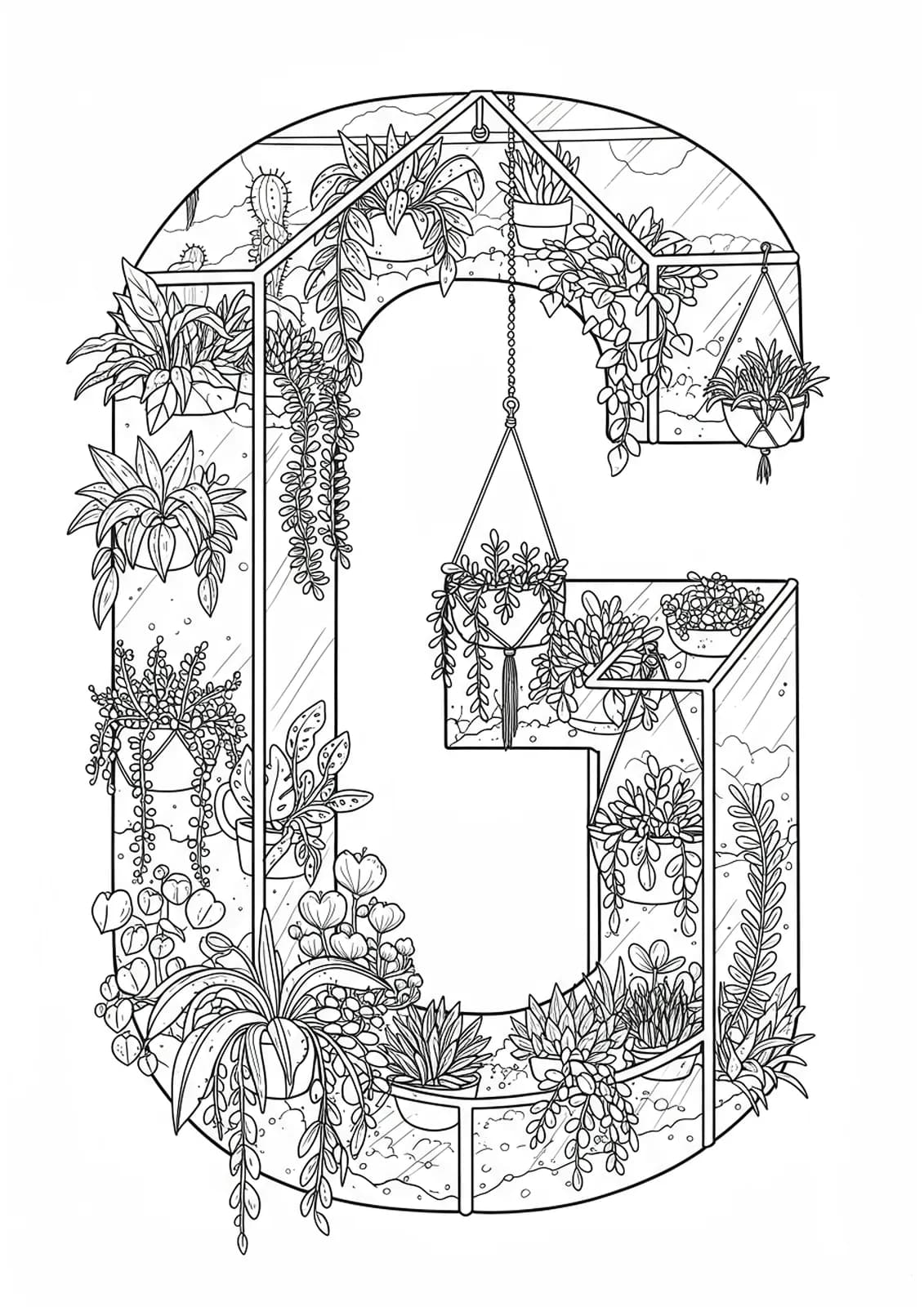Letter G designed as a greenhouse terrarium with detailed plants, glass, and hanging planters for adults.