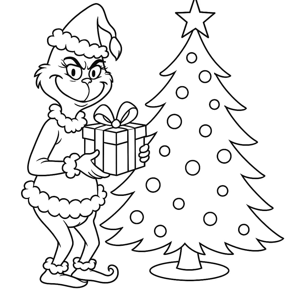 Easy coloring page of the Grinch holding a Christmas present with a decorated tree in the background.