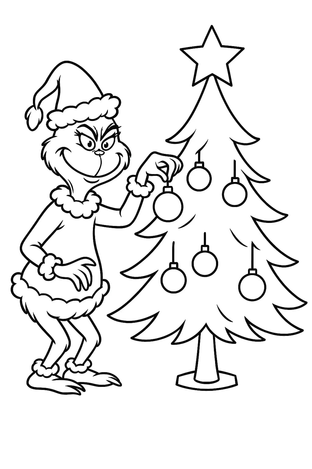 Easy Christmas coloring page with the Grinch placing a star on a simple decorated tree.