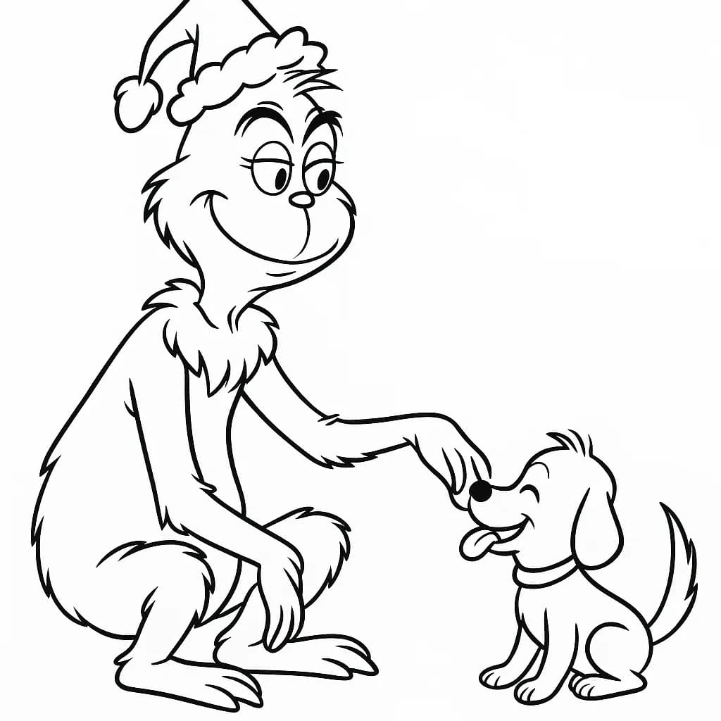 Easy outline of the Grinch playing with a puppy, both with big features and open areas to color.