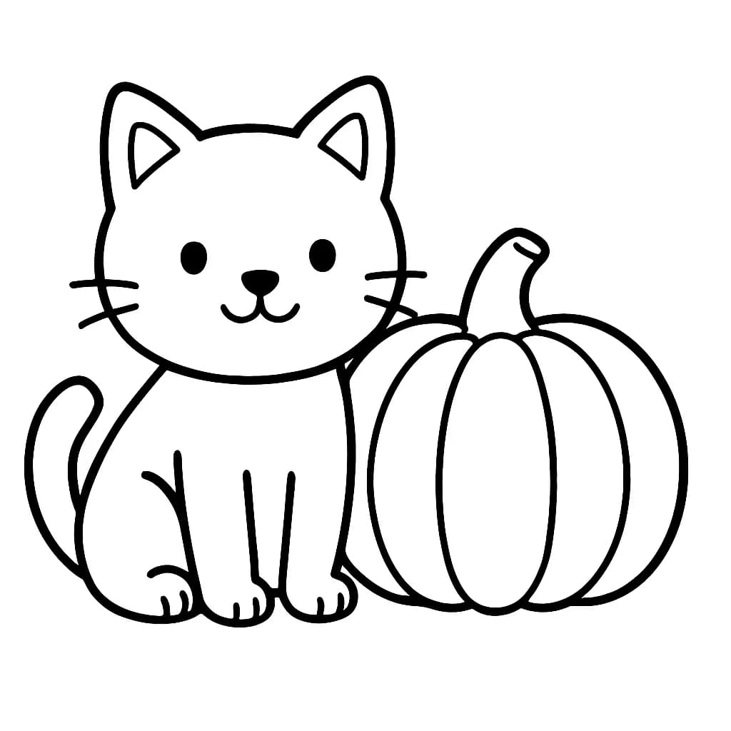 Easy outline of a cat sitting next to a pumpkin, Halloween-themed for preschoolers.