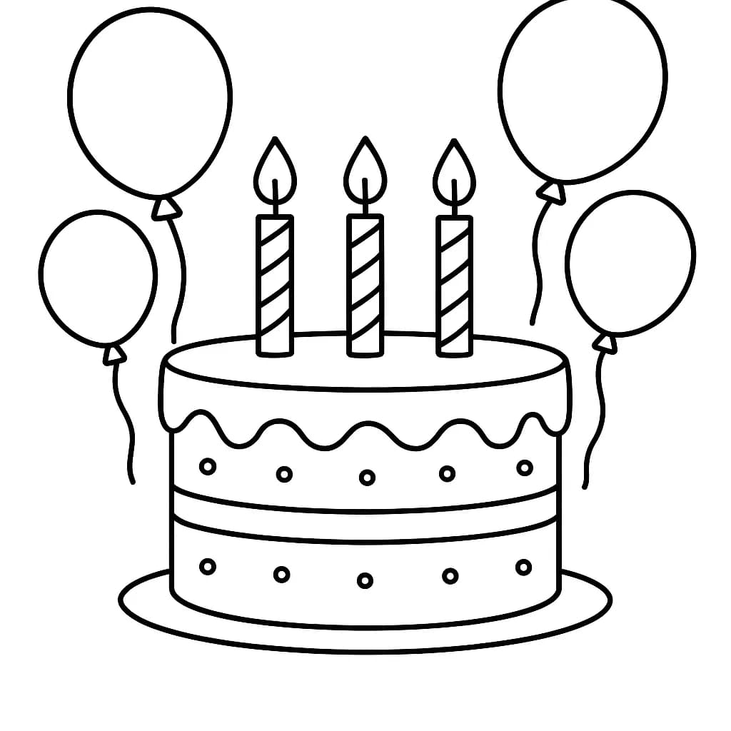 Easy coloring page of a big birthday cake with candles and balloons, designed for preschoolers.