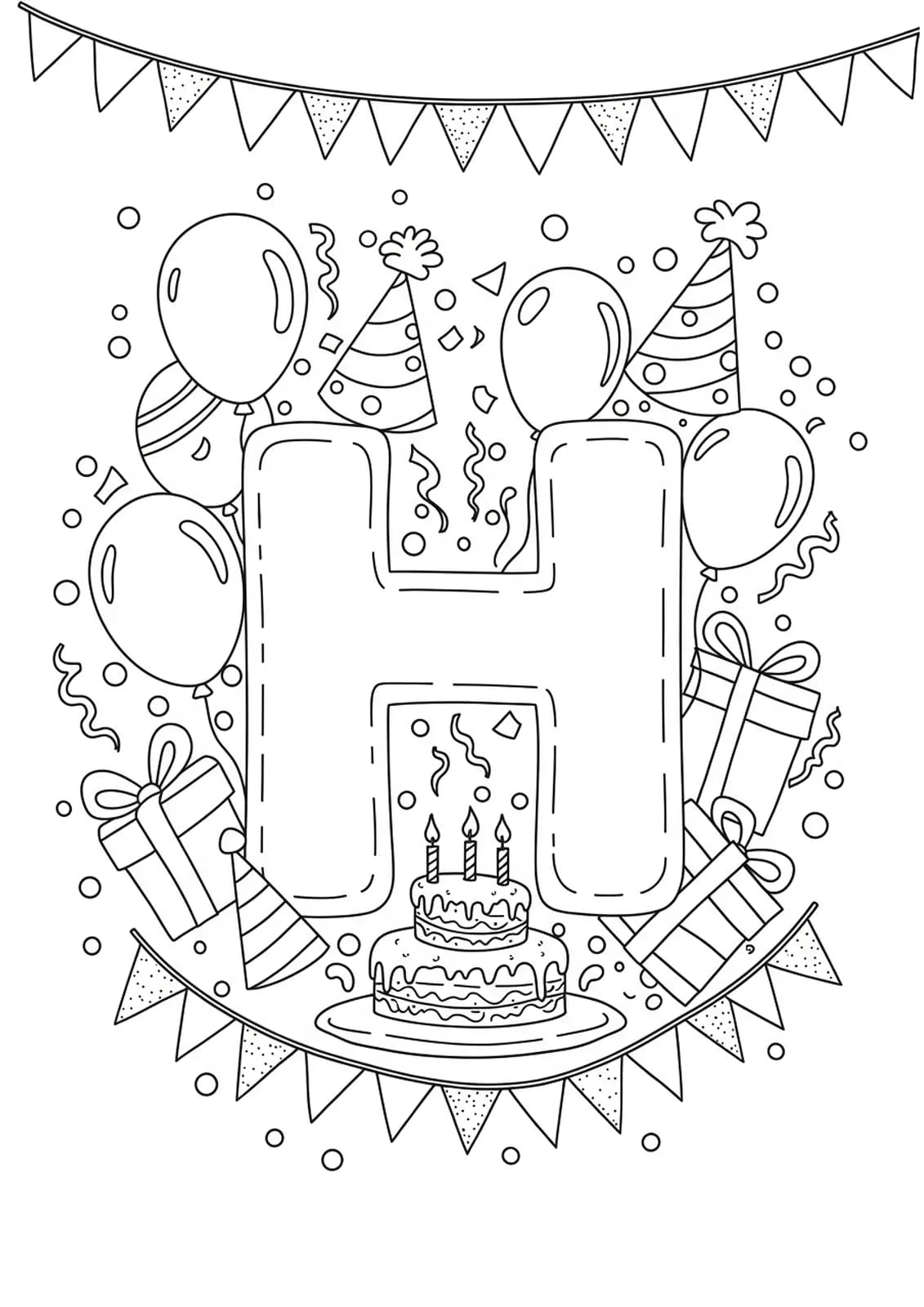 Letter H decorated with balloons, birthday cake, and confetti for a birthday theme, medium detail.