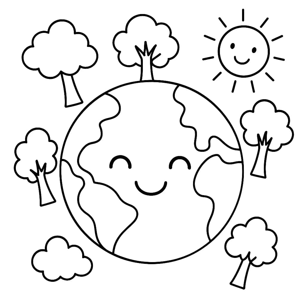 Simple outline of a smiling Earth with trees, clouds, and a sun around it, designed for easy coloring.