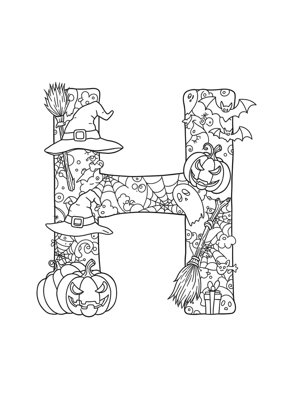 Medium-detail Halloween letter H with pumpkins, bats, and witch hat for coloring.