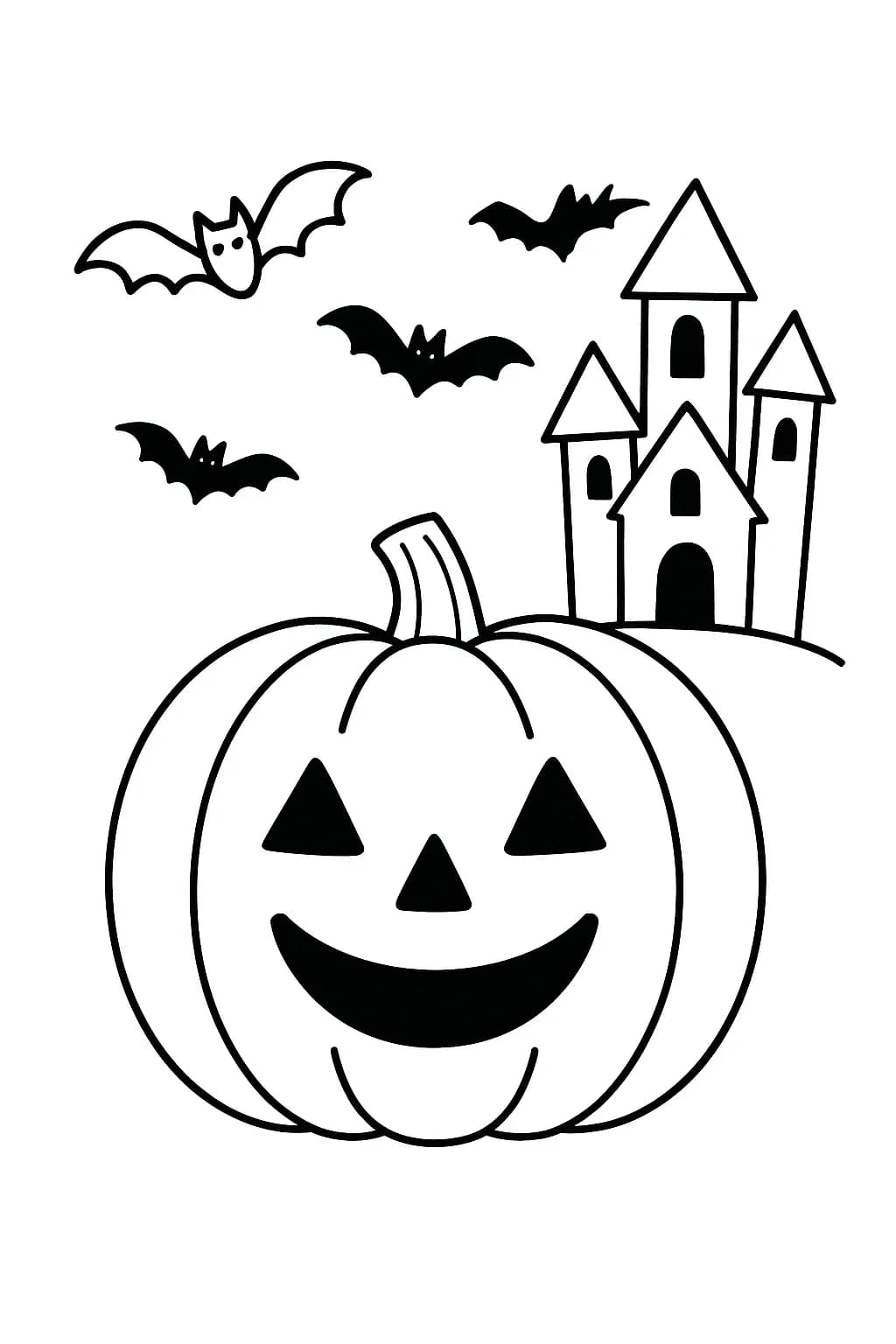 Smiling jack-o'-lantern pumpkin with bats and stars, easy lines for coloring