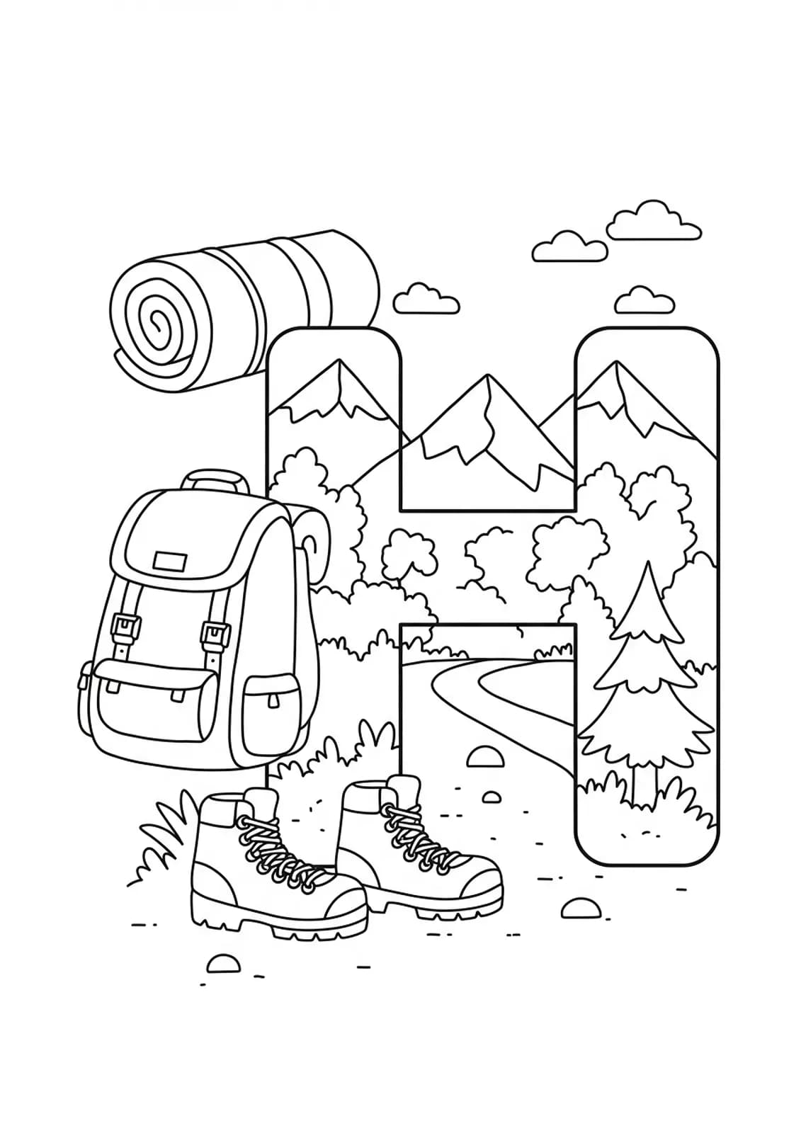 Letter H with hiking gear and nature elements like trees and mountains, medium detail.