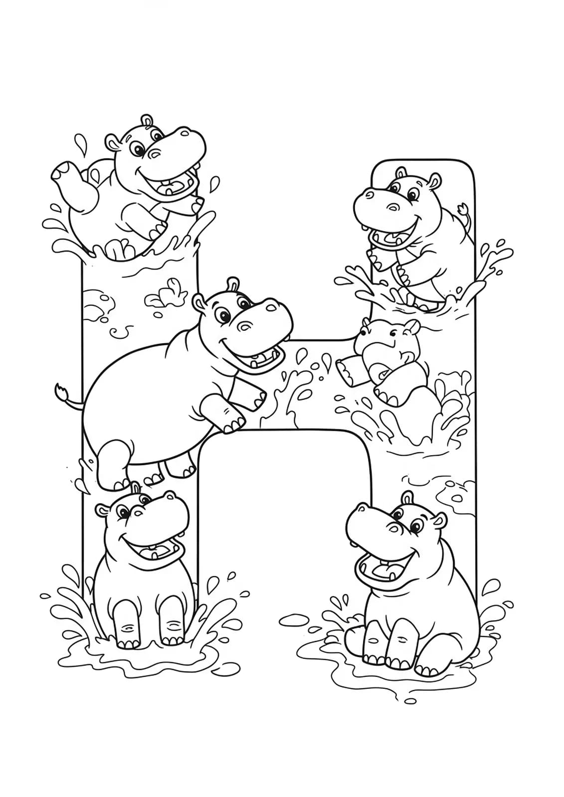 Letter H with medium-detail hippos and water splashes for children to color.