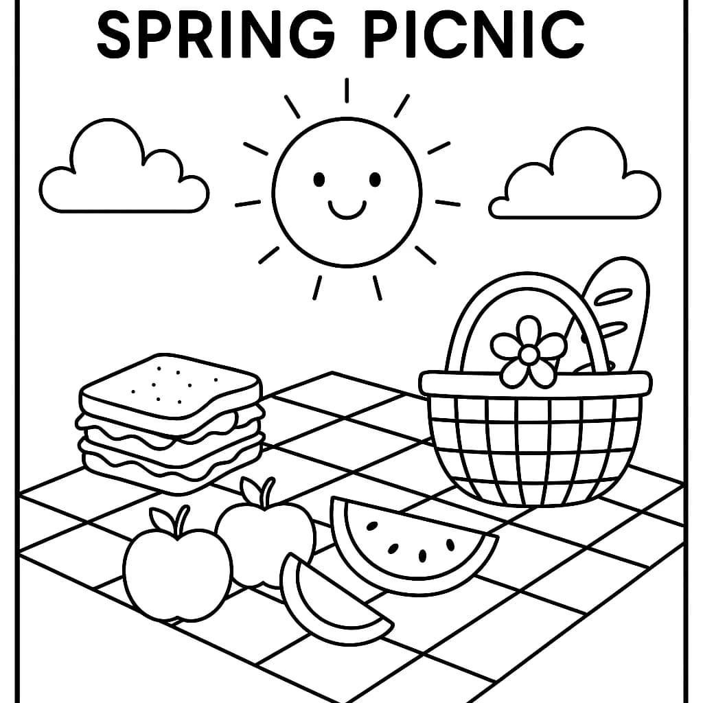 Elementary coloring page of a picnic scene with a picnic blanket, food, and the sun, easy design.
