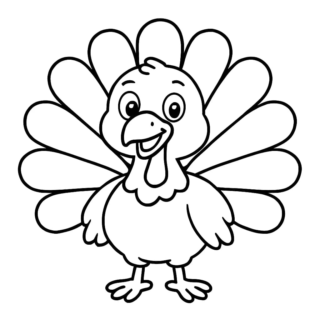 Easy coloring page with a large, smiling turkey and simple outlines for preschool kids.
