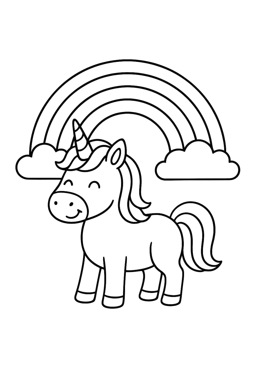 Simple unicorn standing under a rainbow, easy coloring page for preschoolers