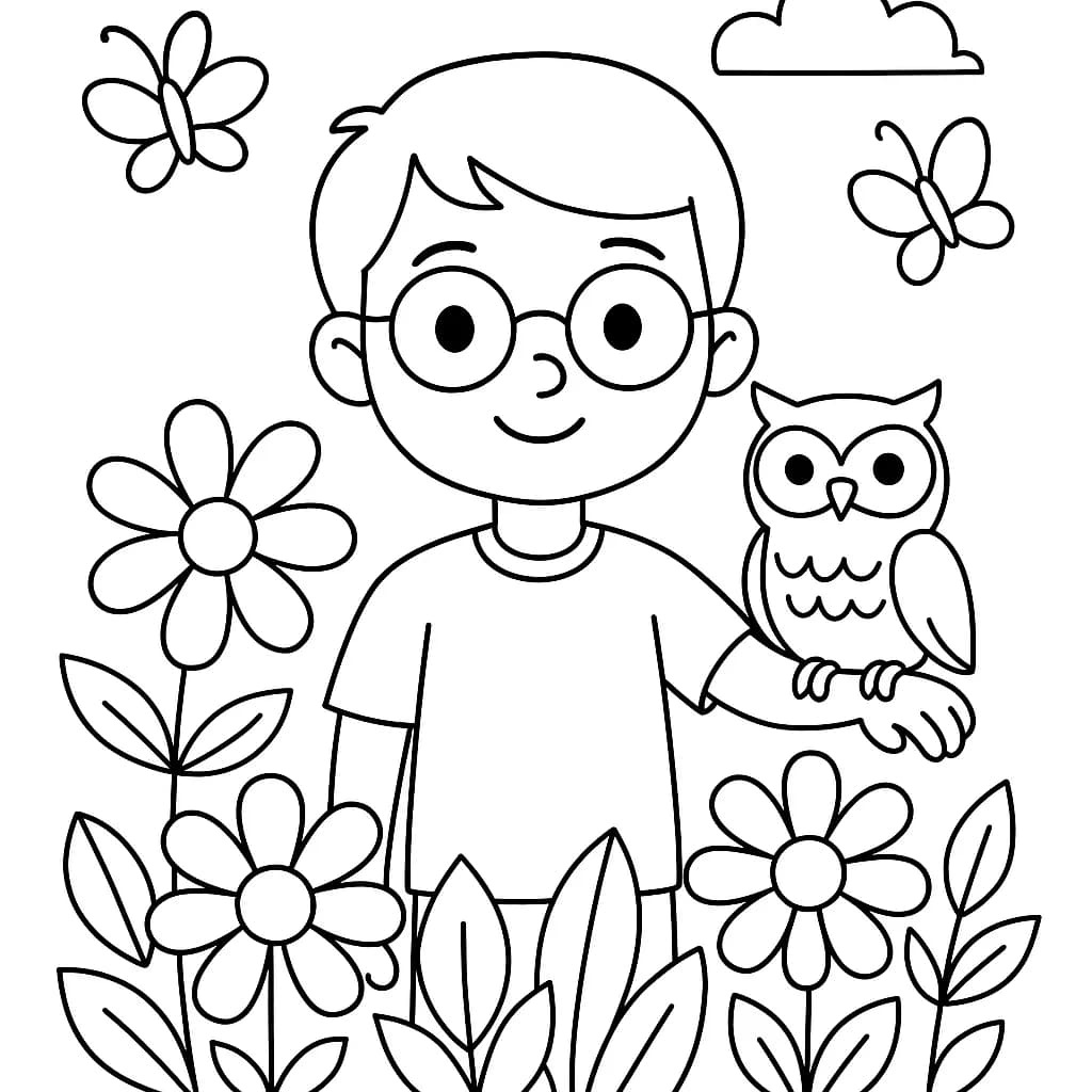 Easy line art of Harry Potter with Hedwig the owl among large flowers and butterflies.