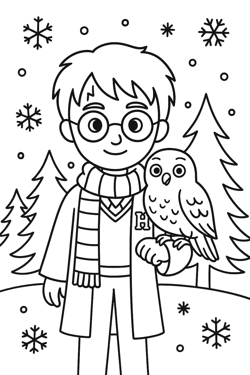 Easy coloring page of Harry Potter with Hedwig the owl in a winter scene with snowflakes and trees.