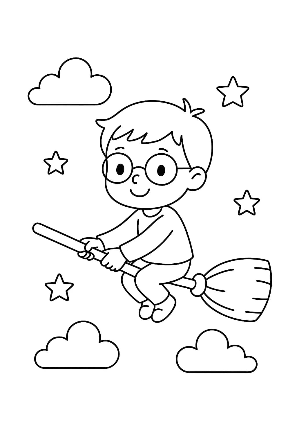 Basic line drawing of Harry Potter flying on a broomstick, with stars and clouds in the background.