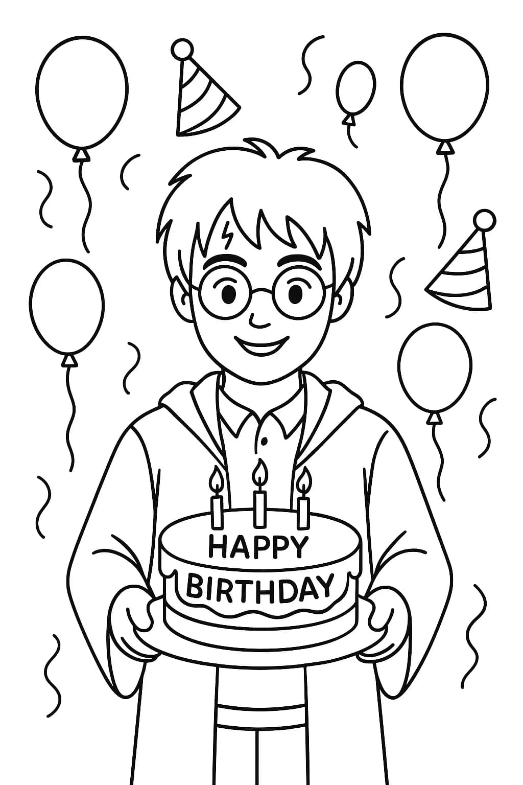 Easy coloring page of Harry Potter at a birthday party with cake, balloons, and party hats.