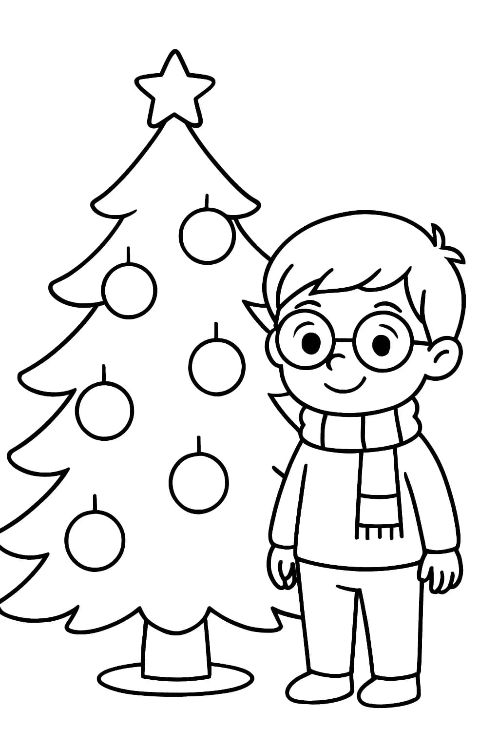 Simple line art of Harry Potter standing next to a decorated Christmas tree, with large ornaments and a star on top.
