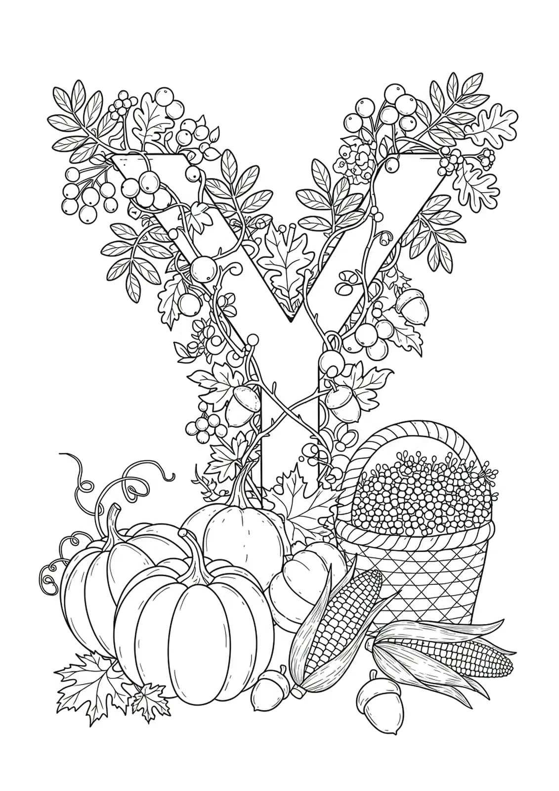 A complex autumn coloring page with the letter Y set in a pumpkin patch with leaves, vines, and harvest baskets.