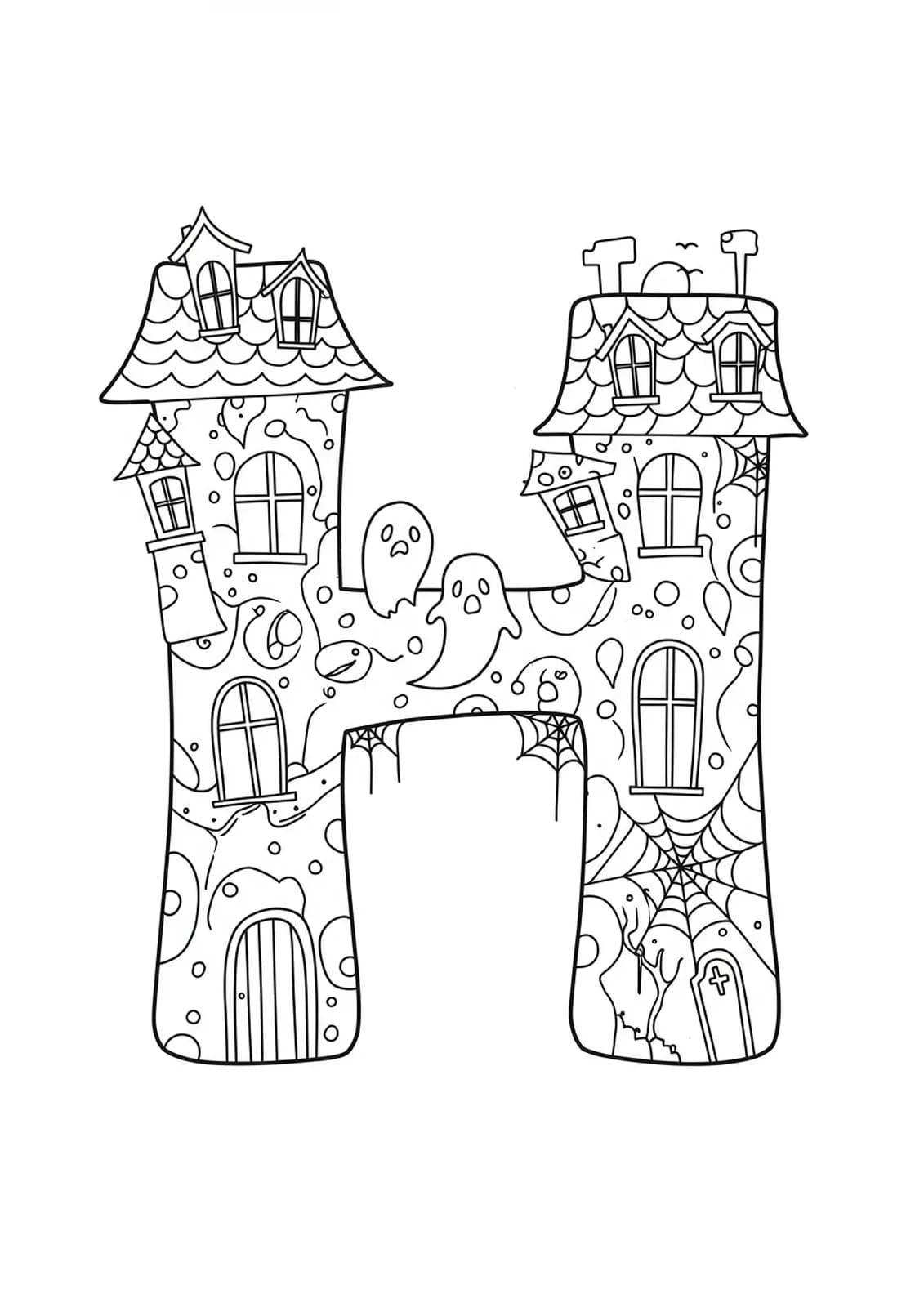 Letter H as a haunted house with windows, ghosts, and cobwebs, medium detail.
