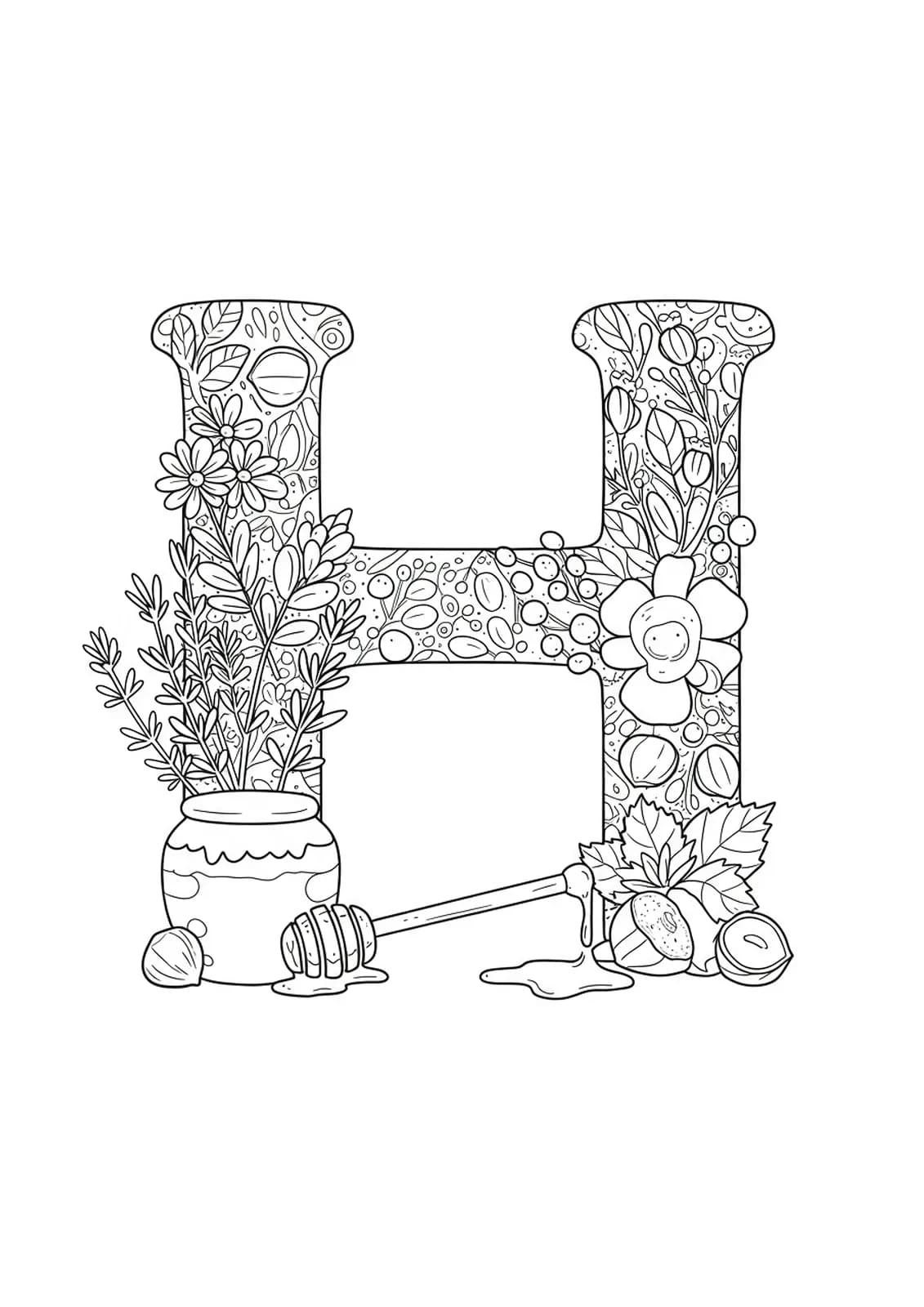 Medium-detail letter H with healthy food items like honey, herbs, and nuts for coloring.