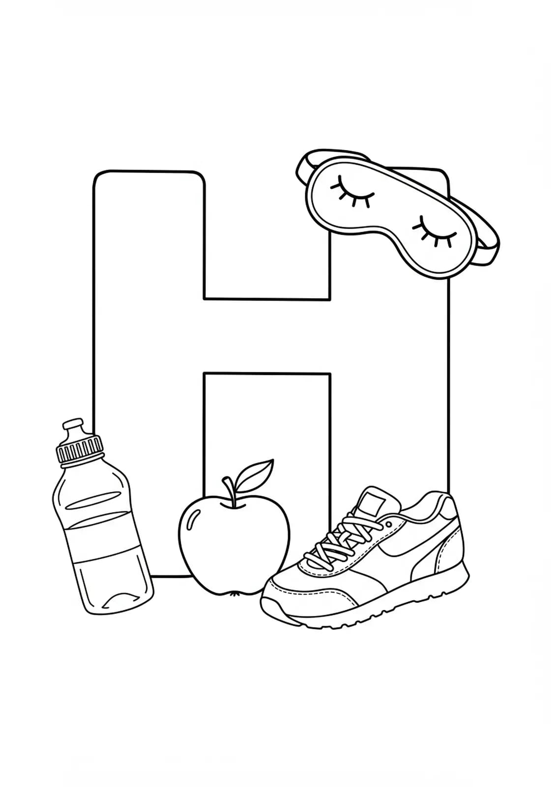 Coloring page with a large letter H and healthy habit icons like a water bottle and running shoe.