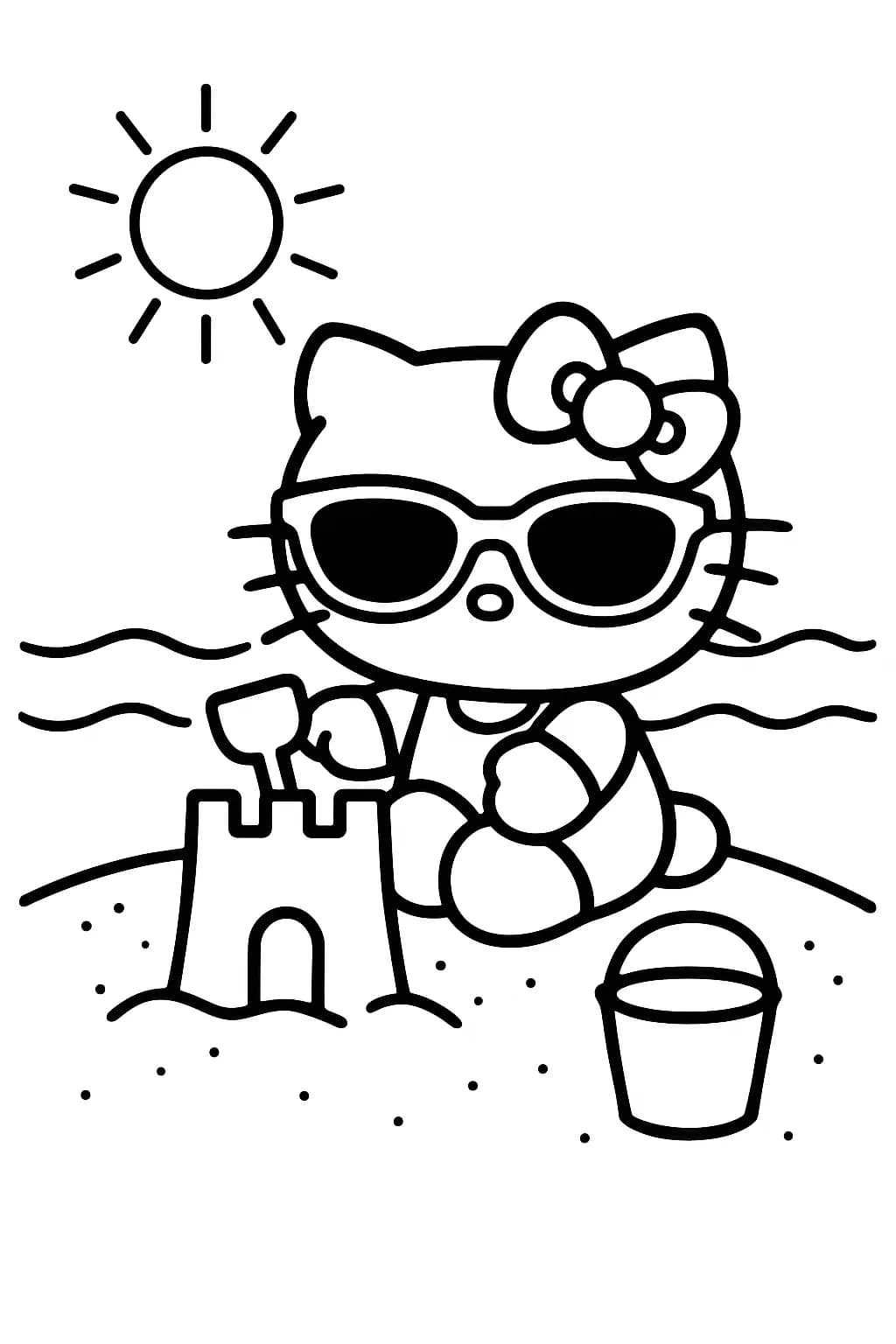 Hello Kitty wearing sunglasses and building a sandcastle at the beach with a sun and waves