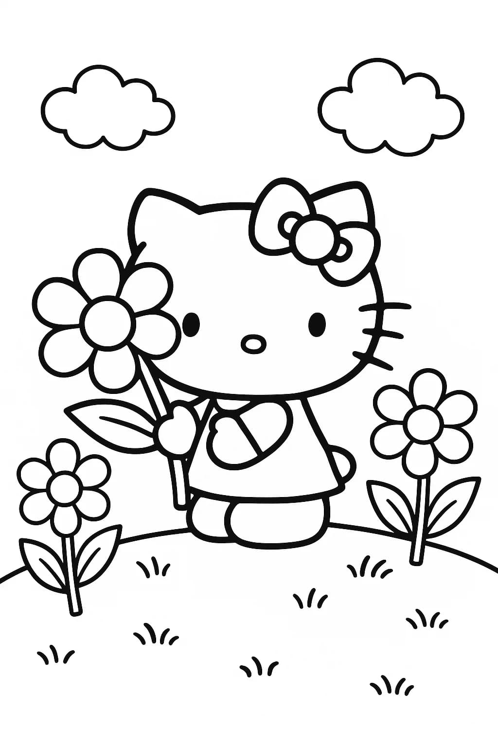 Hello Kitty holding a big flower with a few simple flowers and clouds, easy for preschool coloring