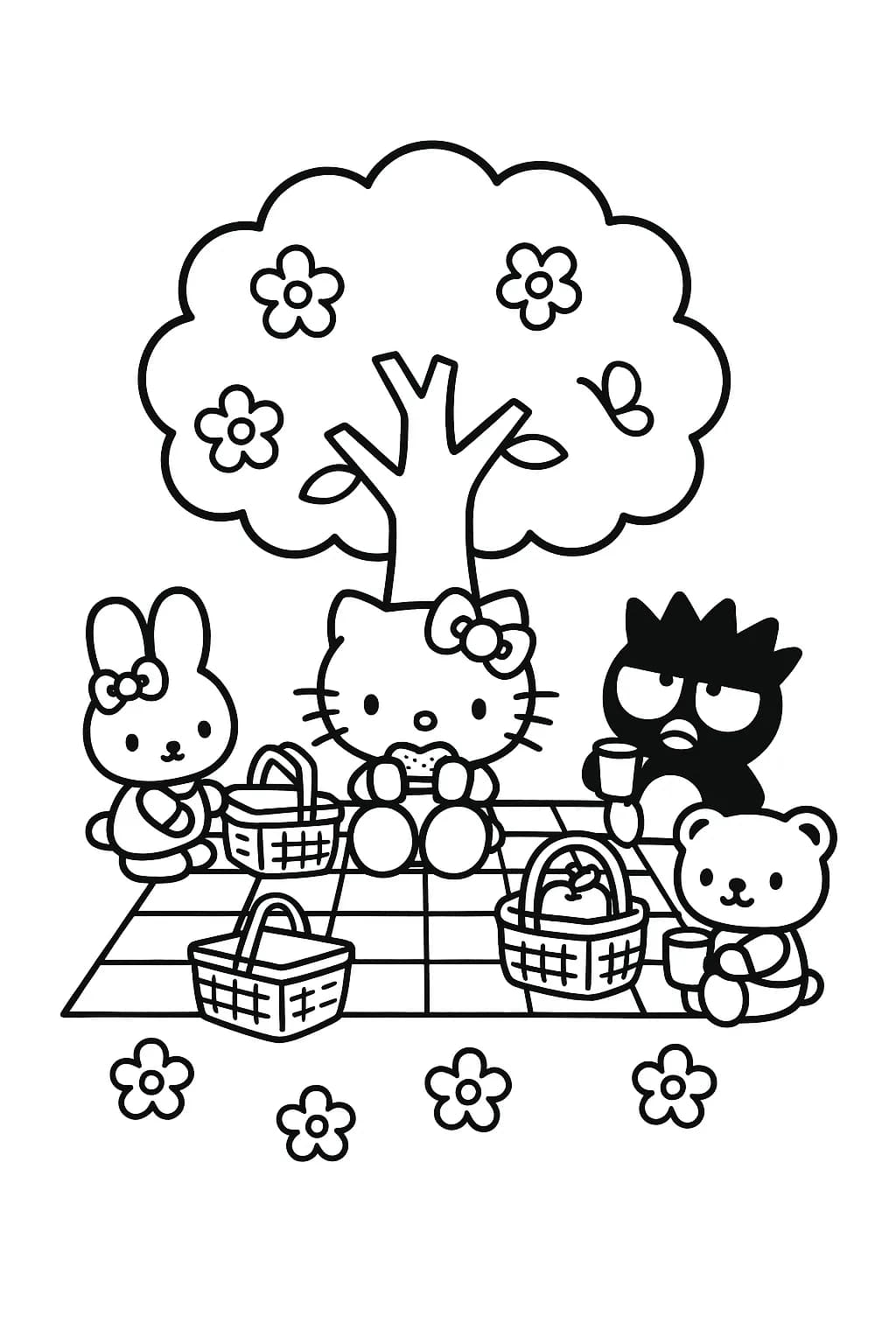 Hello Kitty and friends having a picnic under a tree with picnic baskets and flowers.