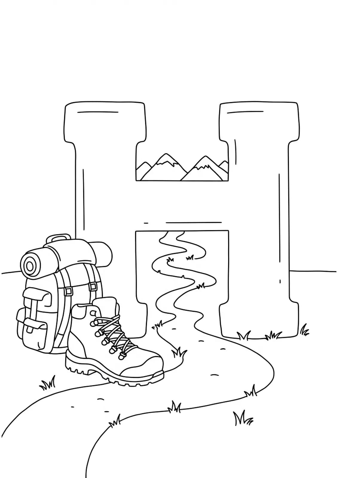 Line art coloring page with a big letter H, hiking boots, trail, and backpack.