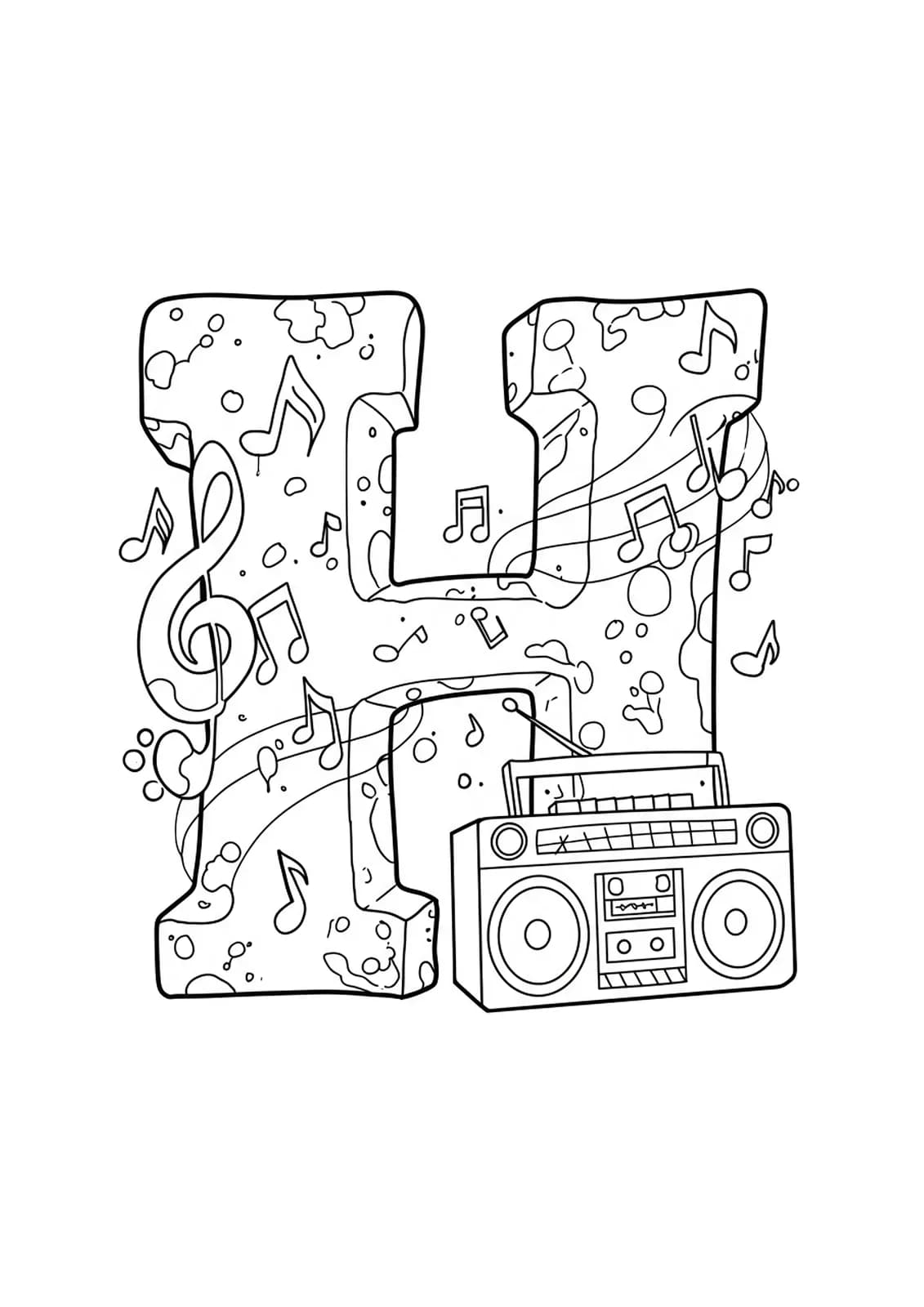 Black and white coloring page with a graffiti-style letter H and simple hip-hop elements.