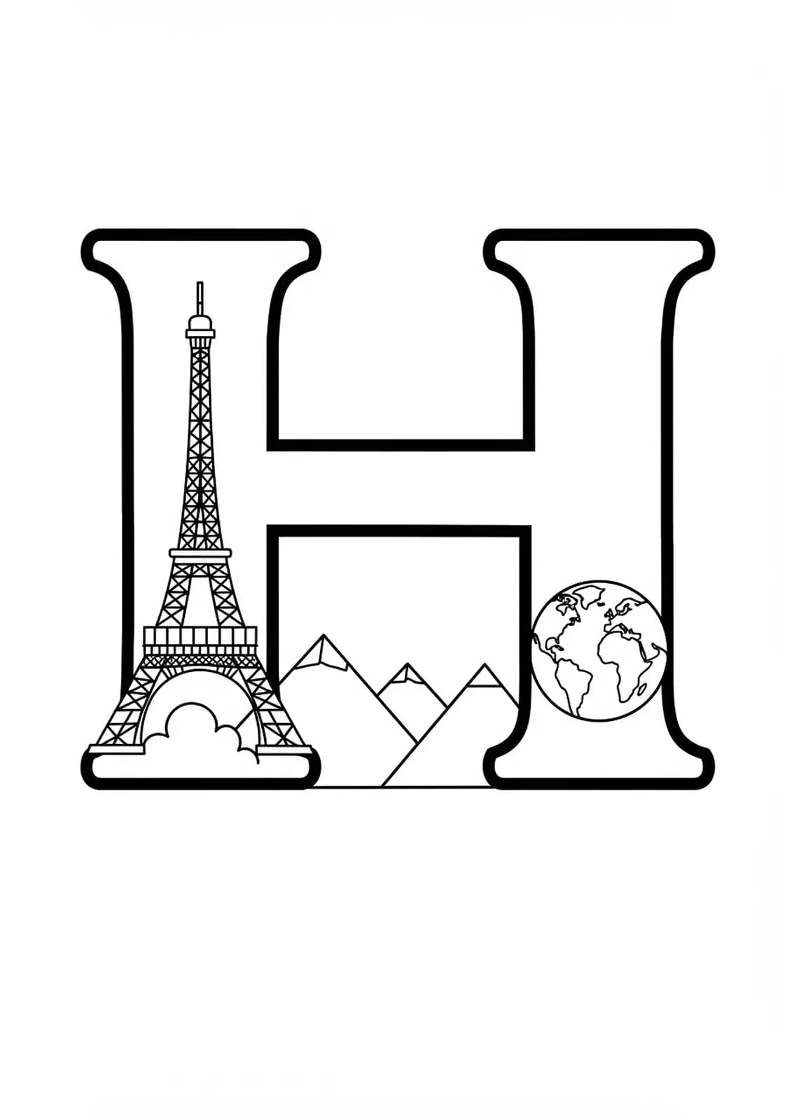Coloring page with a big letter H and outlines of famous landmarks like the Eiffel Tower.