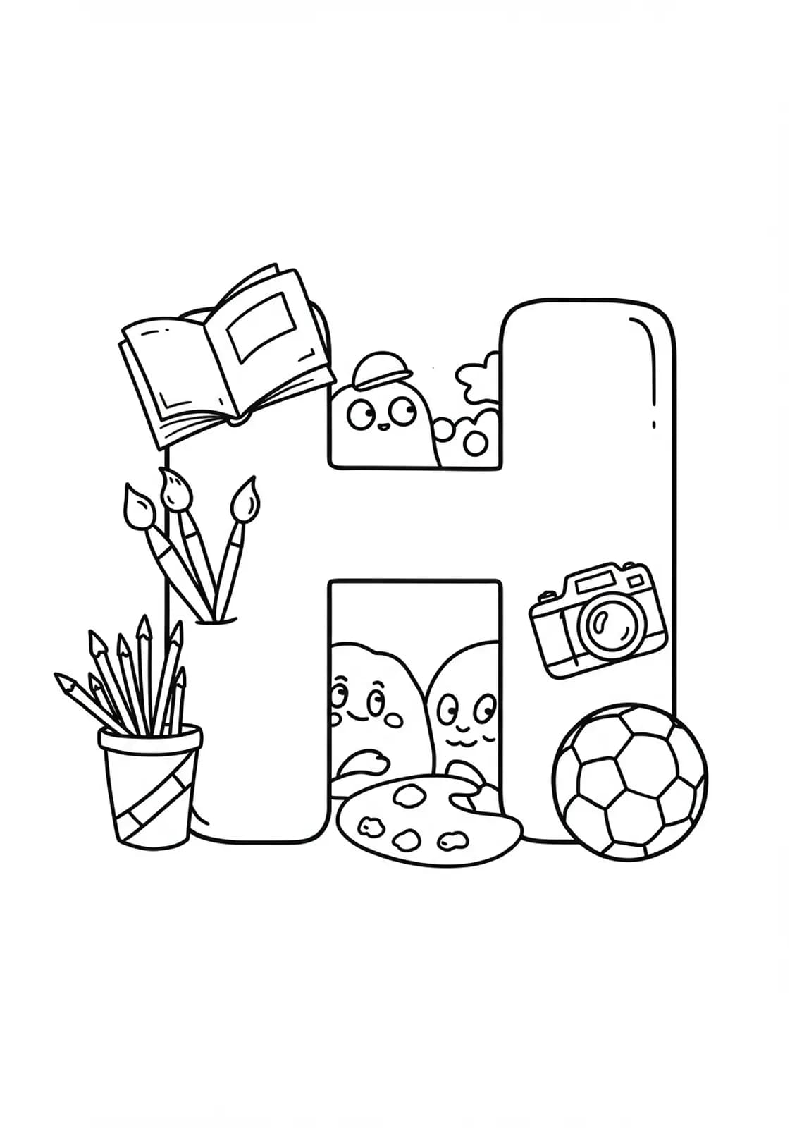 Coloring page with a big letter H and outlines of books, paintbrush, soccer ball, and camera.