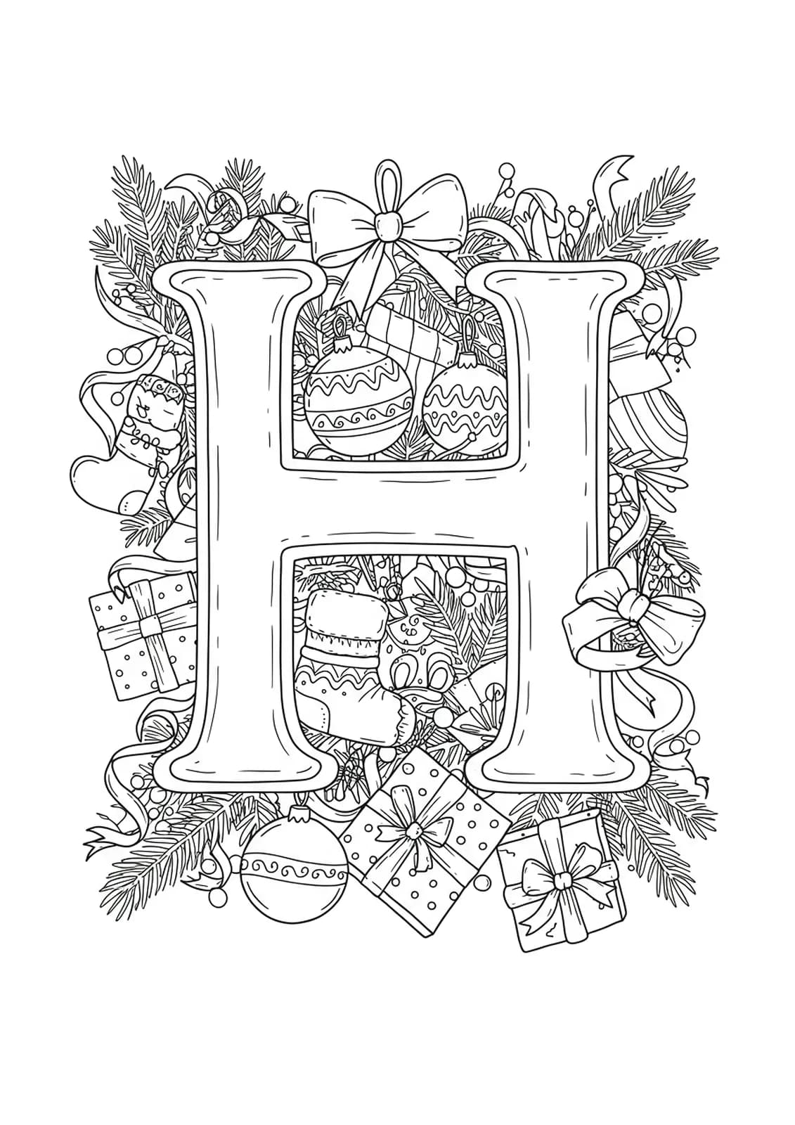 Letter H surrounded by gifts, ribbons, and ornaments in a holiday theme, medium detail.
