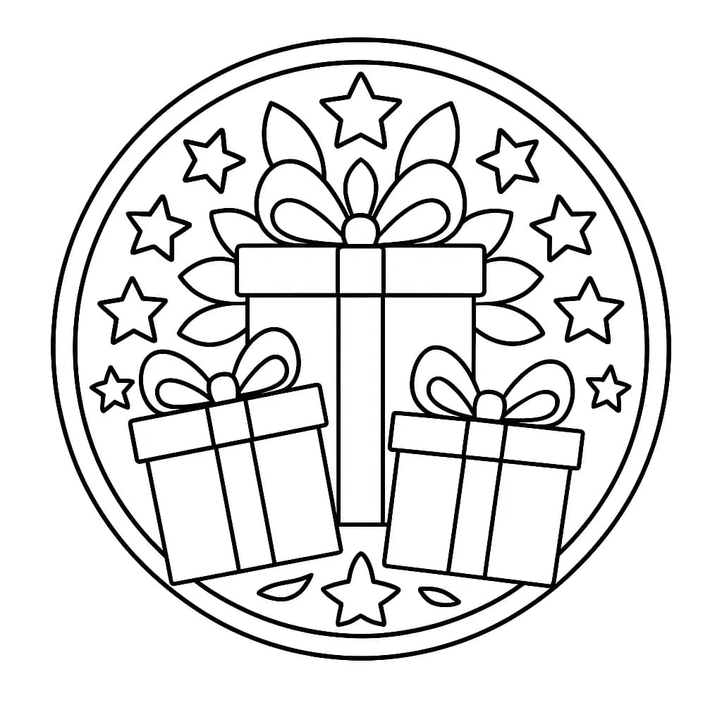 Preschool mandala with big gift boxes, bows, and stars for Christmas