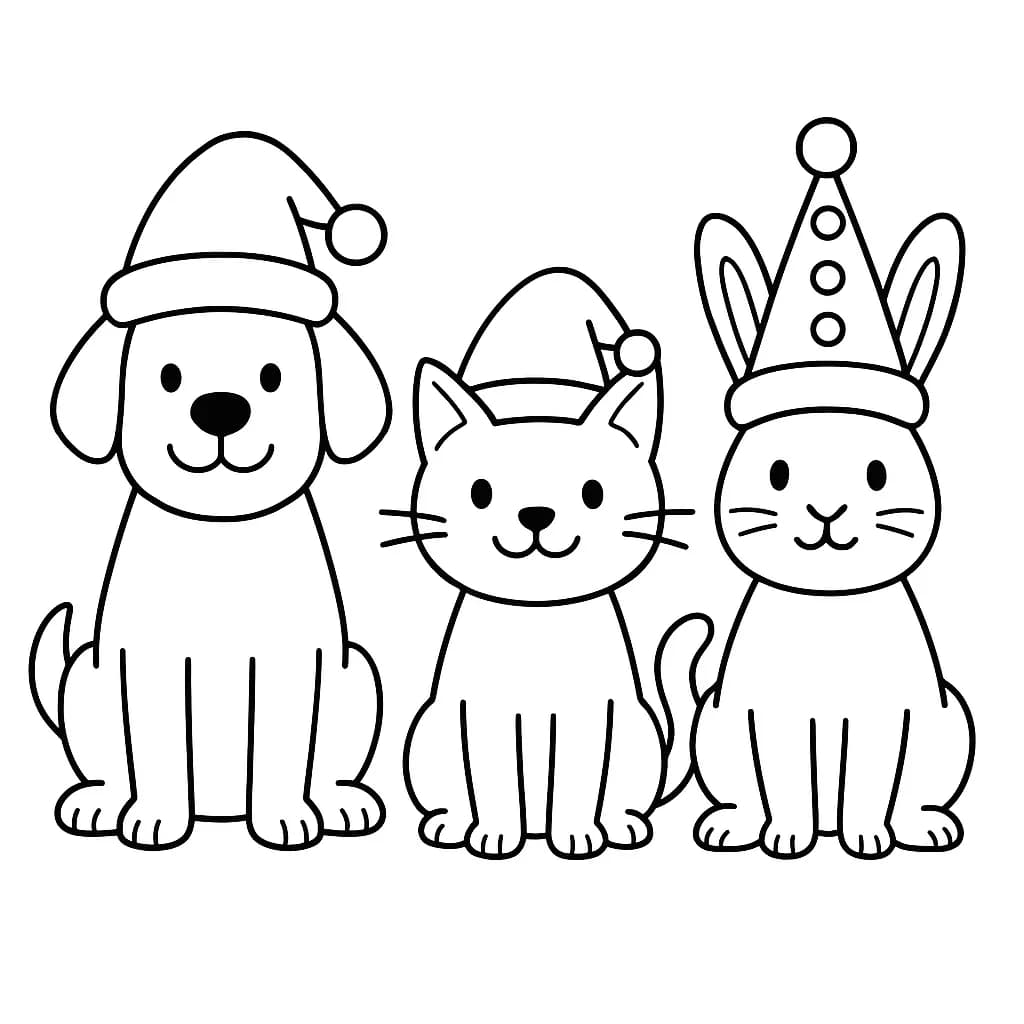 Coloring page of a dog, cat, and rabbit wearing holiday hats, with easy outlines and large coloring areas.