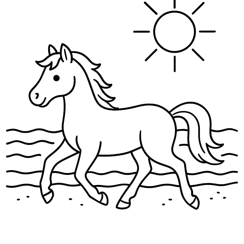 Elementary-level coloring page with a horse at the beach, sun shining, and waves in the background.