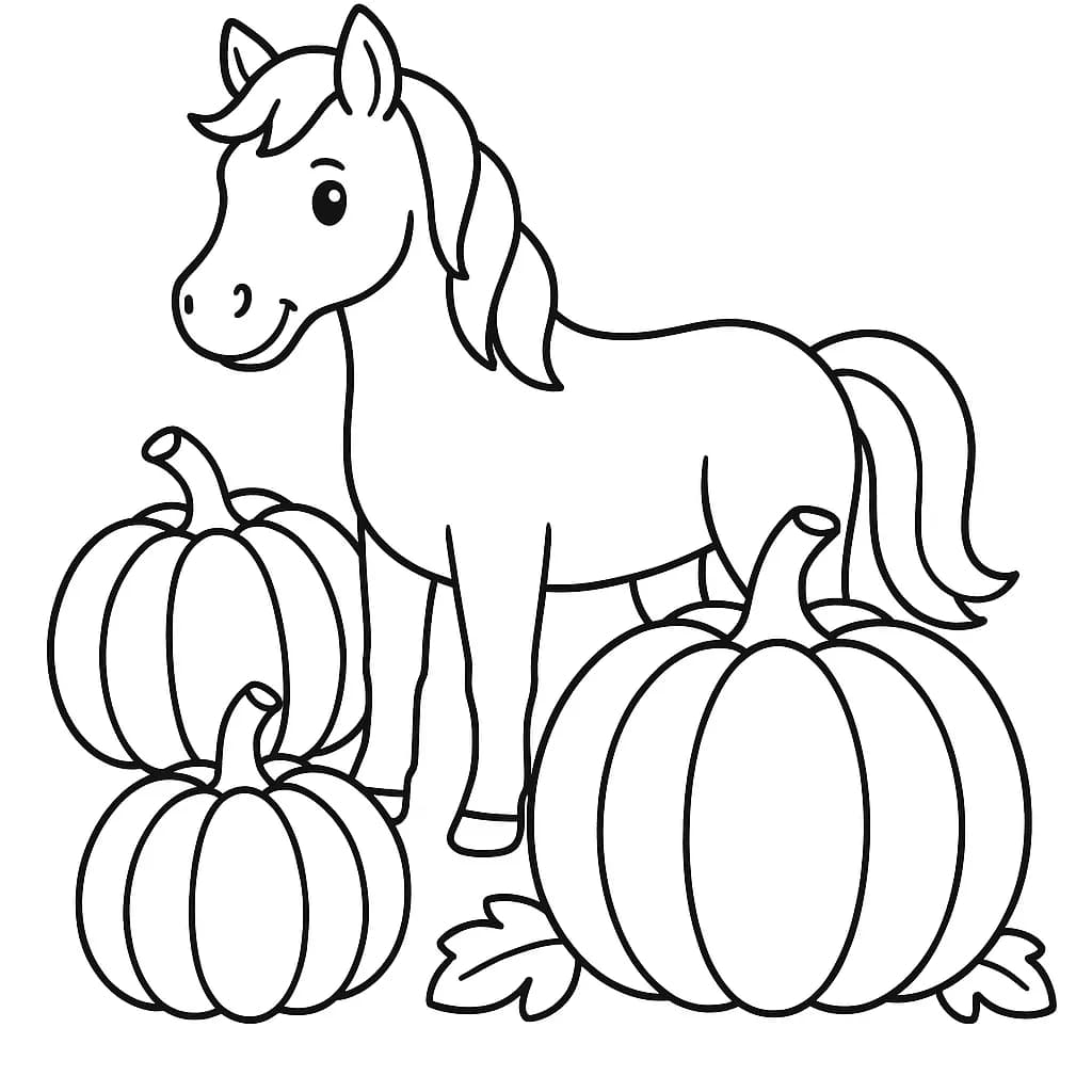 Easy outline of a horse standing among large pumpkins, suitable for preschool coloring.