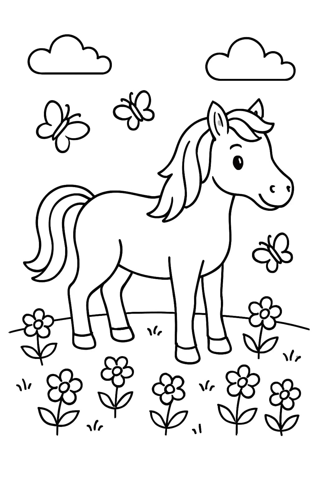 Easy horse coloring page for elementary kids showing a horse in a spring meadow with flowers and butterflies.