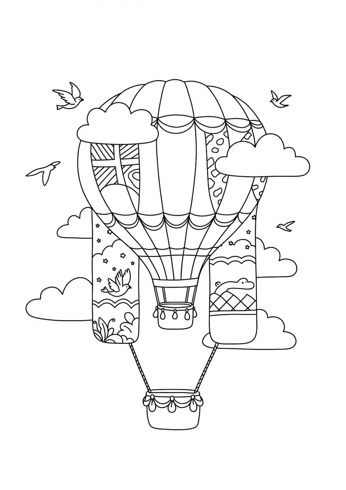 Letter H as a hot air balloon with clouds and birds, medium detail for coloring.